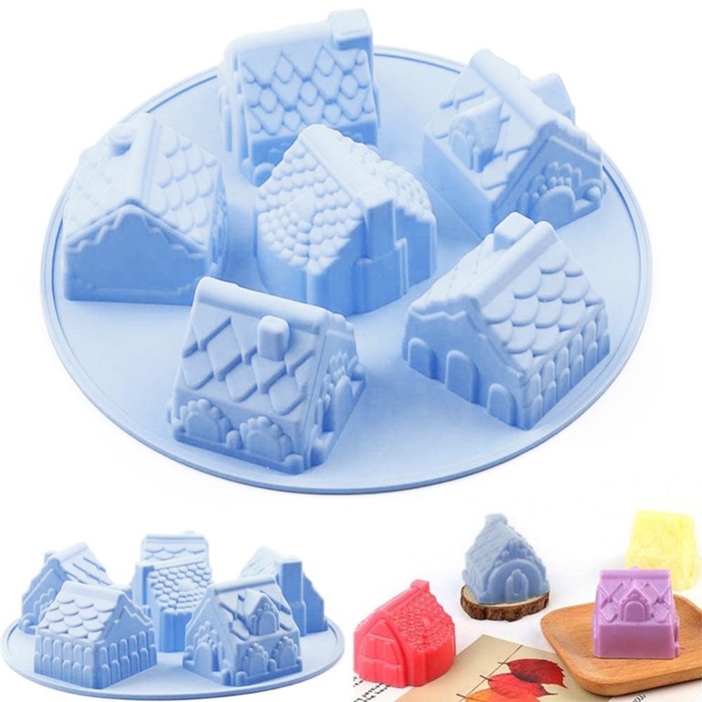 House Shape Silicone Mold, 6 Cavity Non-Stick Cozy Village Baking Pan, House Shape Soap Mold, Mini Christmas House Cake Molds for Brownies Chocolate