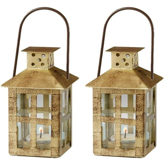 Kate Aspen Mini Decorative Lanterns, Set of 2, Vintage Distressed Metal Lantern Candle Holders for Wedding Centerpiece, Home Decor and Party Favor, Gold