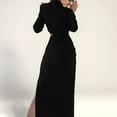 thumbnail image 3 of Vestido midi ajustado con escote alto, aberturas y fruncidos, manga larga y sexy para mujer - Poliéster y spandex, ideal para discotecas y fiestas, 3 of 8
