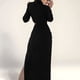thumbnail image 3 of Vestido midi ajustado con escote alto, aberturas y fruncidos, manga larga y sexy para mujer - Poliéster y spandex, ideal para discotecas y fiestas, 3 of 8