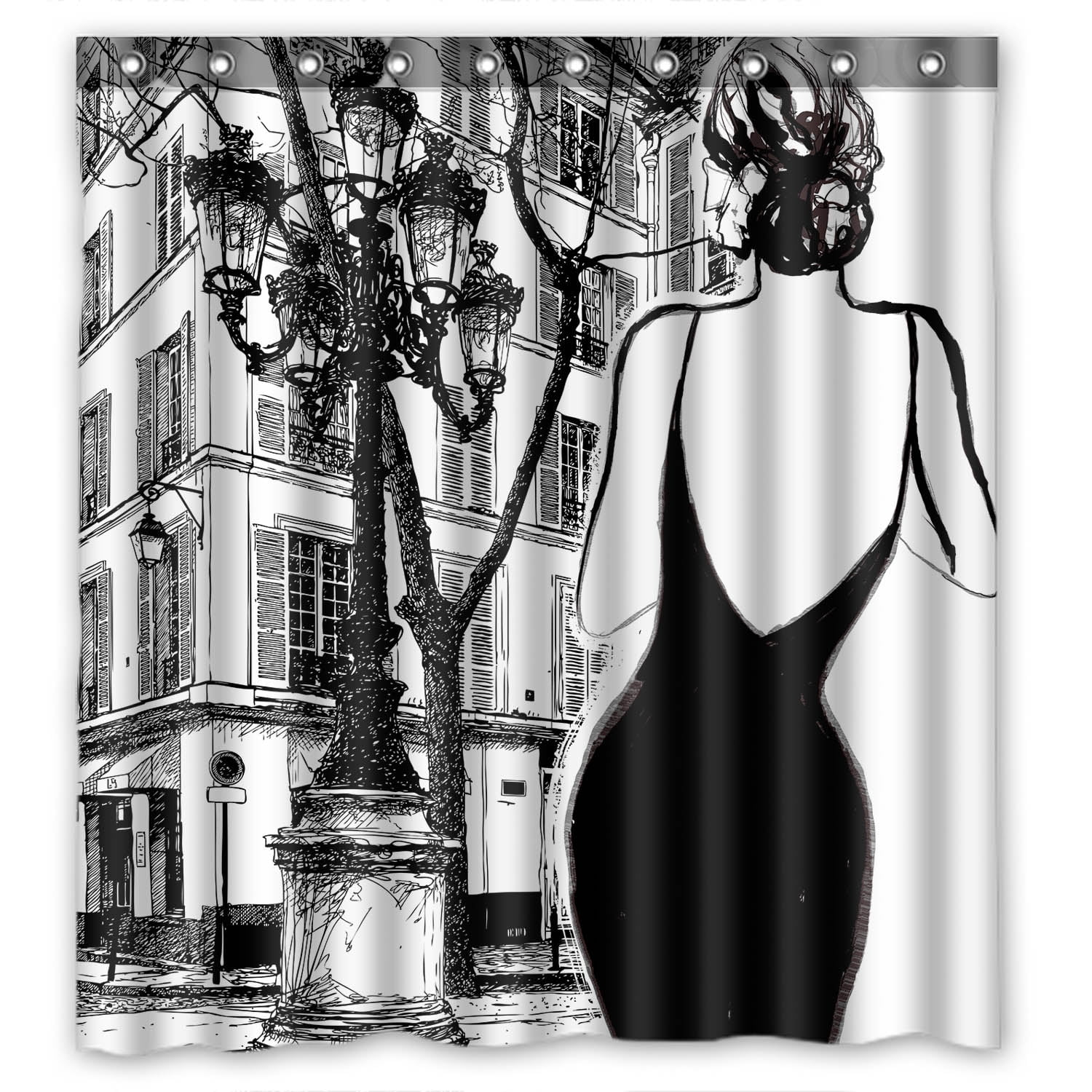 YKCG Black and White Paris Street Elegant Woman Shower Curtain