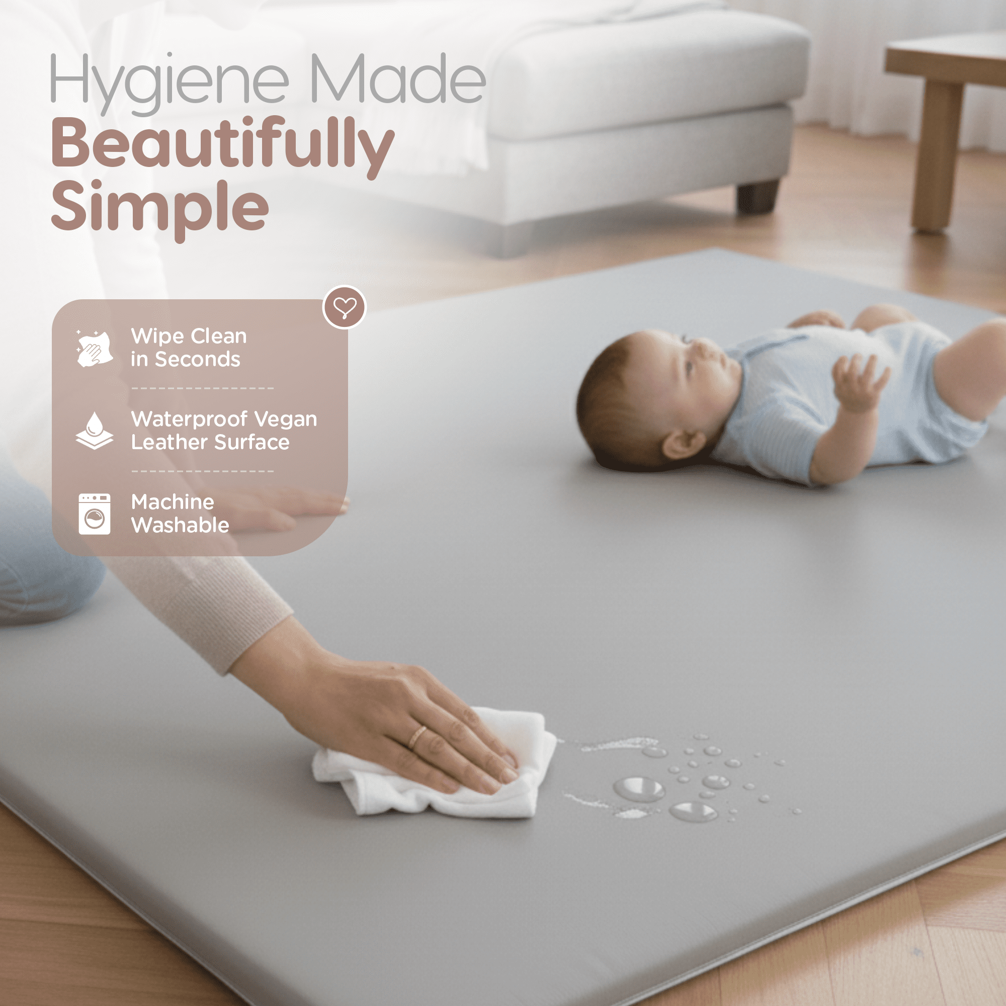 Sleepah Baby Play Mat for Floor 50" x 50" – Waterproof Vegan Leather Tummy Time Mat – Easy to Clean with Removable Cover – Foam Support with Non-Slip Bottom for Infant, Kids & Toddler Crawling
