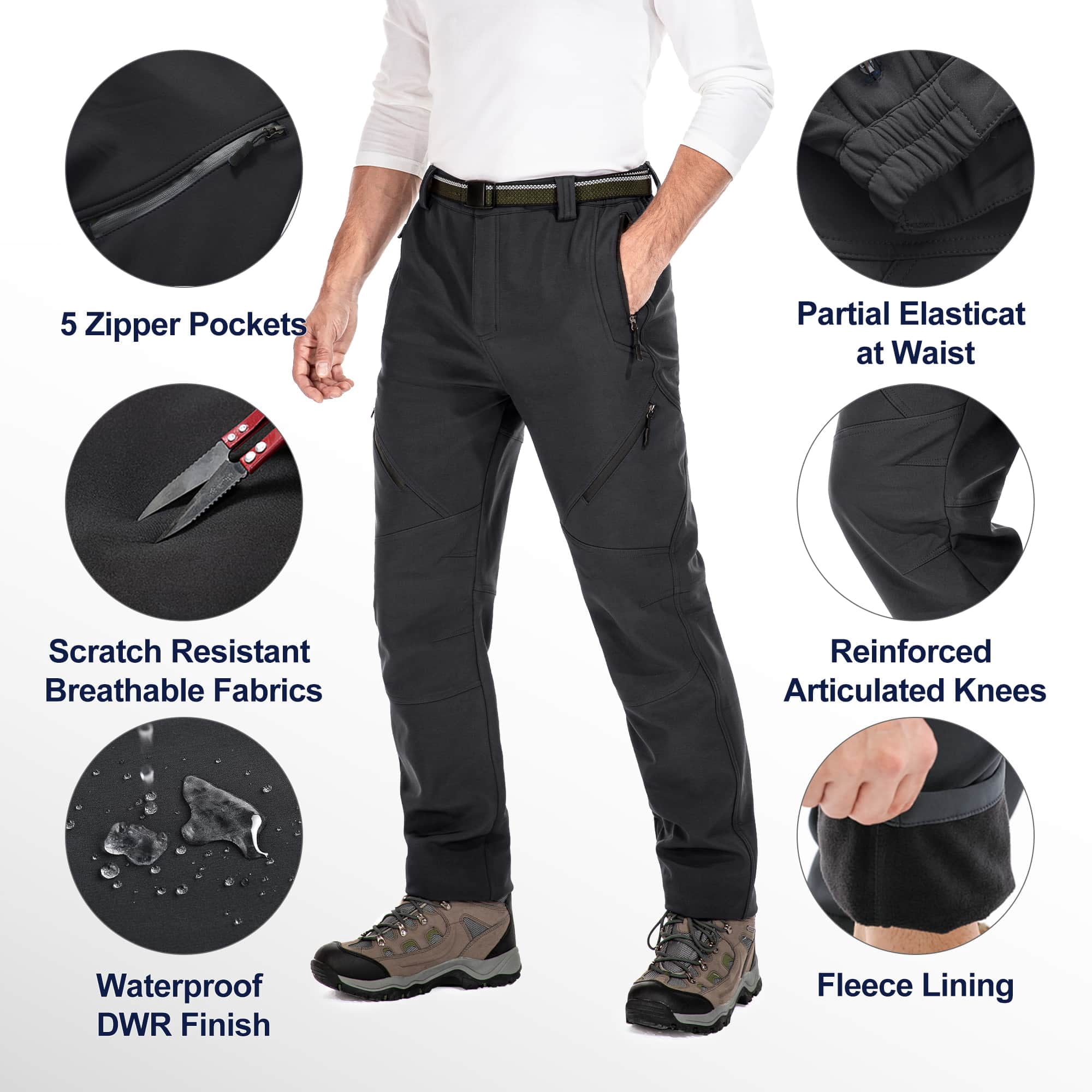 FEN AI Ski Pants Men Hiking Snow Pants Water Repellent Softshell Snowboard Trousers Fleece Lined Winter Outdoor Work Cargo Pants