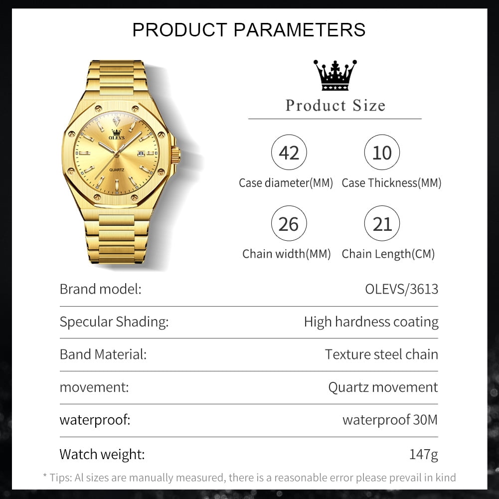 OLEVS Watch for Men Business Dress Diamond Analog Quartz Date Luxury Classic Casual Stainless Steel Waterproof Luminous Gold Mens Wrist Watches Reloj para Hombre