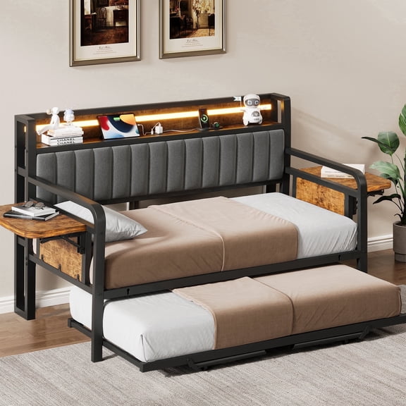 Anyact Twin to King Daybed with Side Table/Charging Station/Upholstered Storage Headboard/LED Light/Pop-upTrundle, Industrial Heavy Duty Metal Twin Sofa Bed Frame for Living Room/Bedroom, Black&Brown