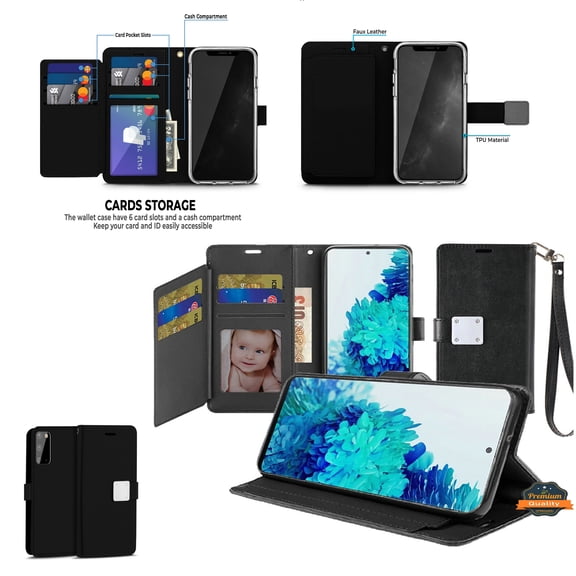 For Apple iPhone 15 Plus (6.7") Wallet PU Leather Credit Card ID Cash Holder Slot Dual Flip Pouch with Stand and Strap Cover ,Xpm Phone Case [ Black ]