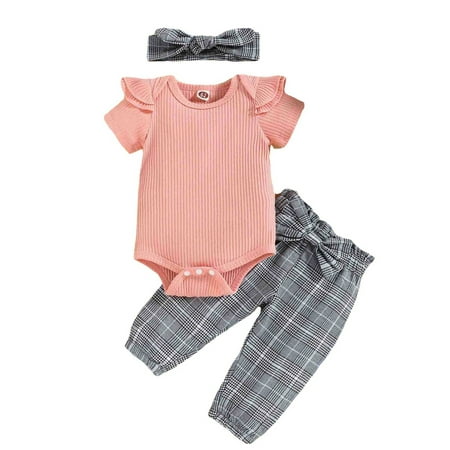 

Rovga Outfits For Girls Toddler Clothes Set Summer Short Sleeve Solid Color Ribbed Romper Bodysuit Tops Plaid Pants Cute Headbands 3Pcs Outfits For 0-3 Months
