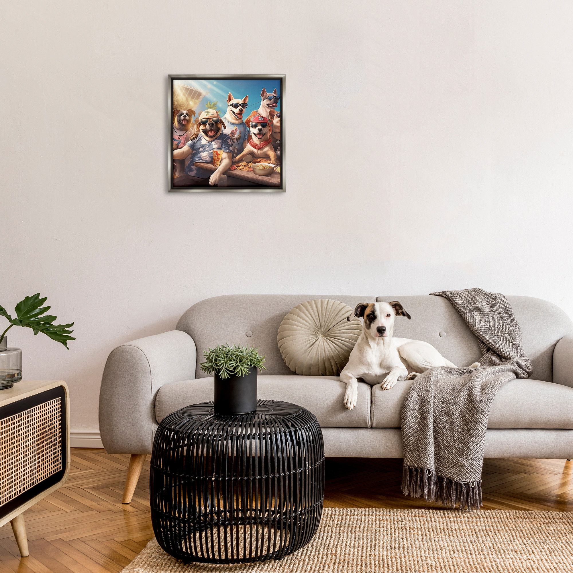Stupell Industries Dogs Enjoying Summer Animals & Insects Painting Gray Floater Framed Canvas Art Print Wall Art, 25 x 25