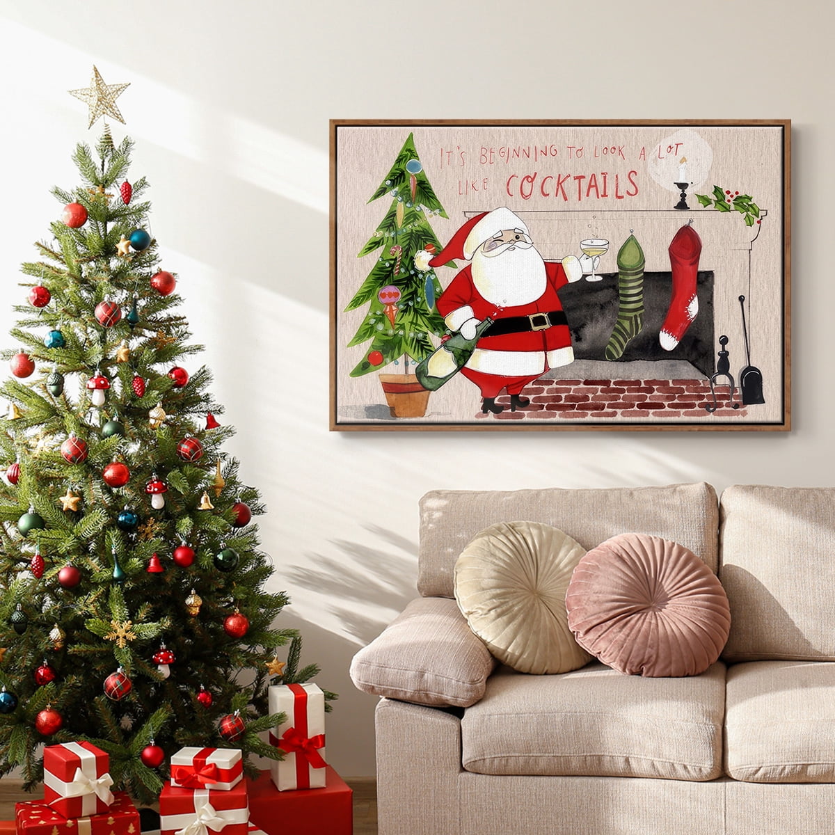 Get Blitzened Collection A - Framed Gallery Wrapped Holiday Canvas - 27 x 41 - Rosewood Frame