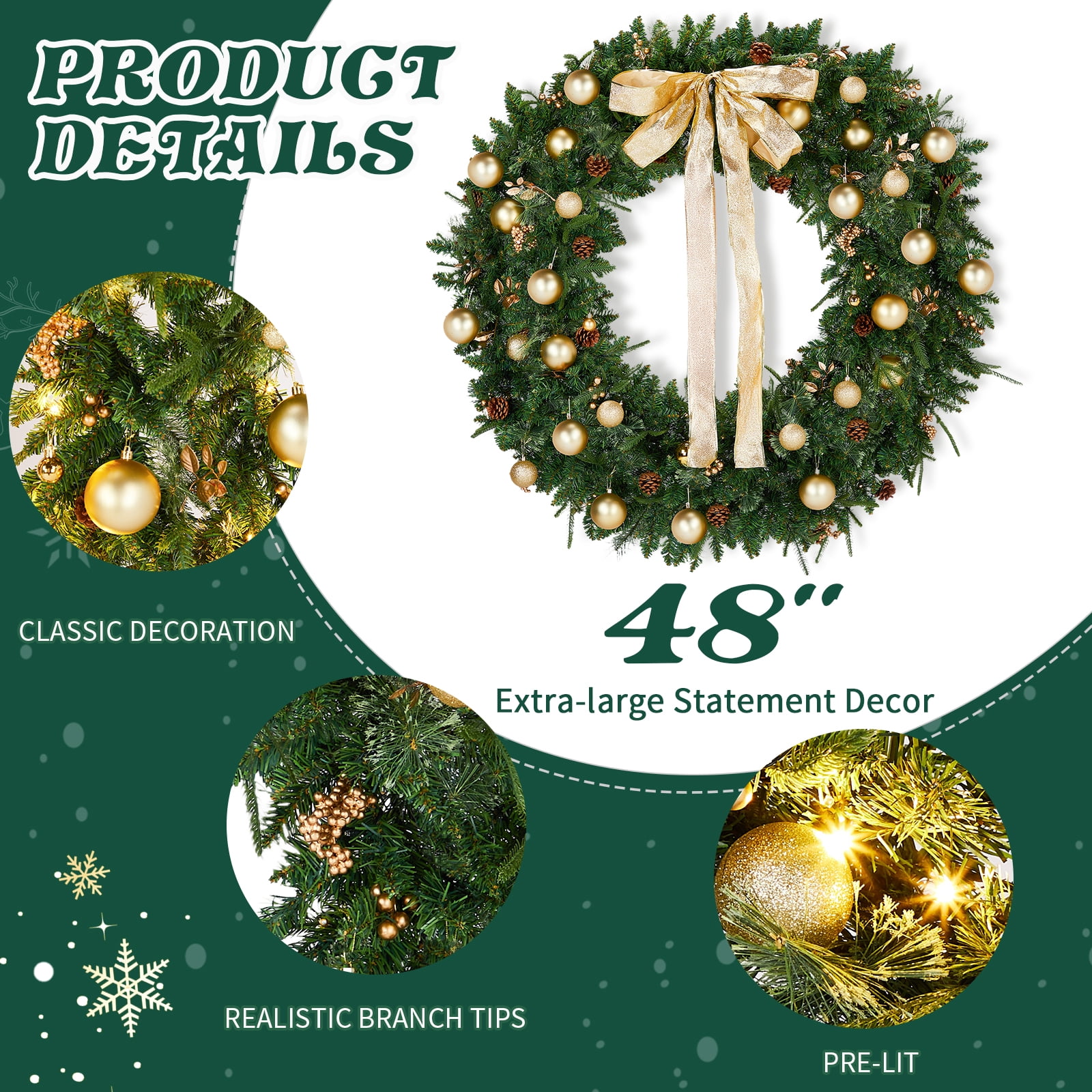 48in Pre-Lit Christmas Wreath with Remote Control 8 Modes and DIY Ornaments
