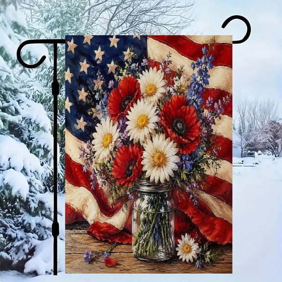 RKSupls Patriotic Linen Double Sided Garden Flag, Independence Day Themed Yard Decor, Mason Jar Daisy Poppy American Flag Arrangement Outdoor Banner for Holiday Lawn
