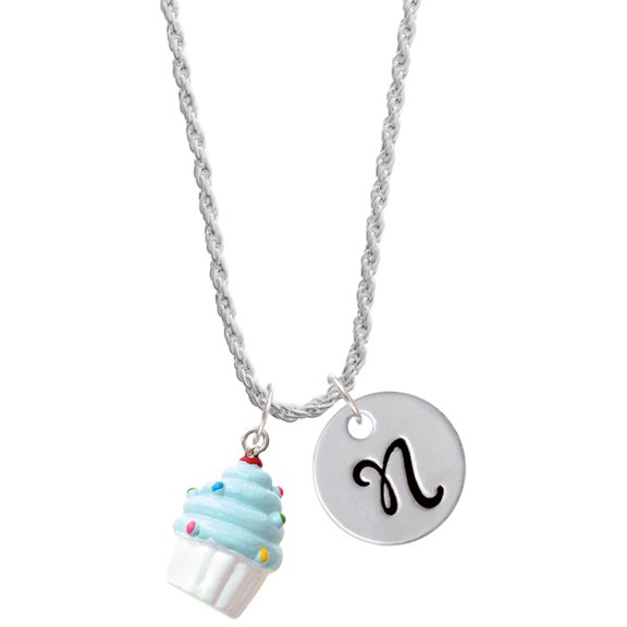Delight Jewelry Resin White Cupcake with Blue Frosting Silvertone Script Initial Disc - N - Charm Necklace, 20"+3"