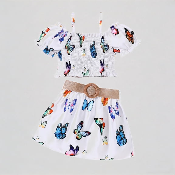 REDARER Girls' Butterfly Print Smocked Crop Top & Skirt Set with Puff Sleeves & Woven Belt Summer Vacation Outfit,4-5 Years