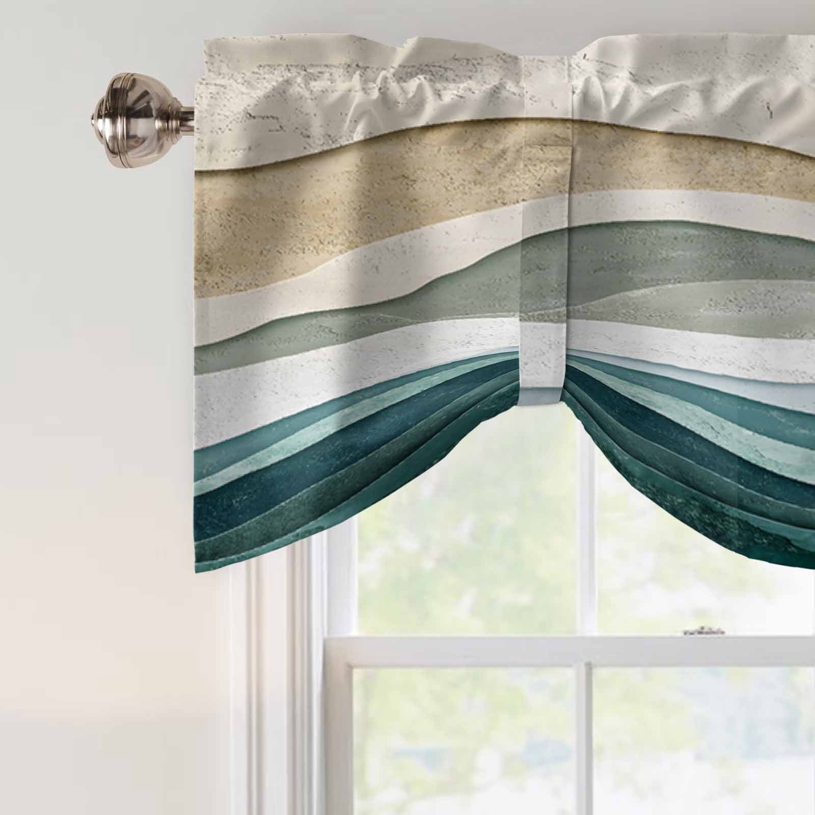Abstract Wave Effect Tie Up Valances Curtain, Adjustable Kitchen Watercolor Blue Stripes Valances for Windows Decor, Rod Pocket Short Curtains Set for Bedroom/Bathroom, 54"x18"