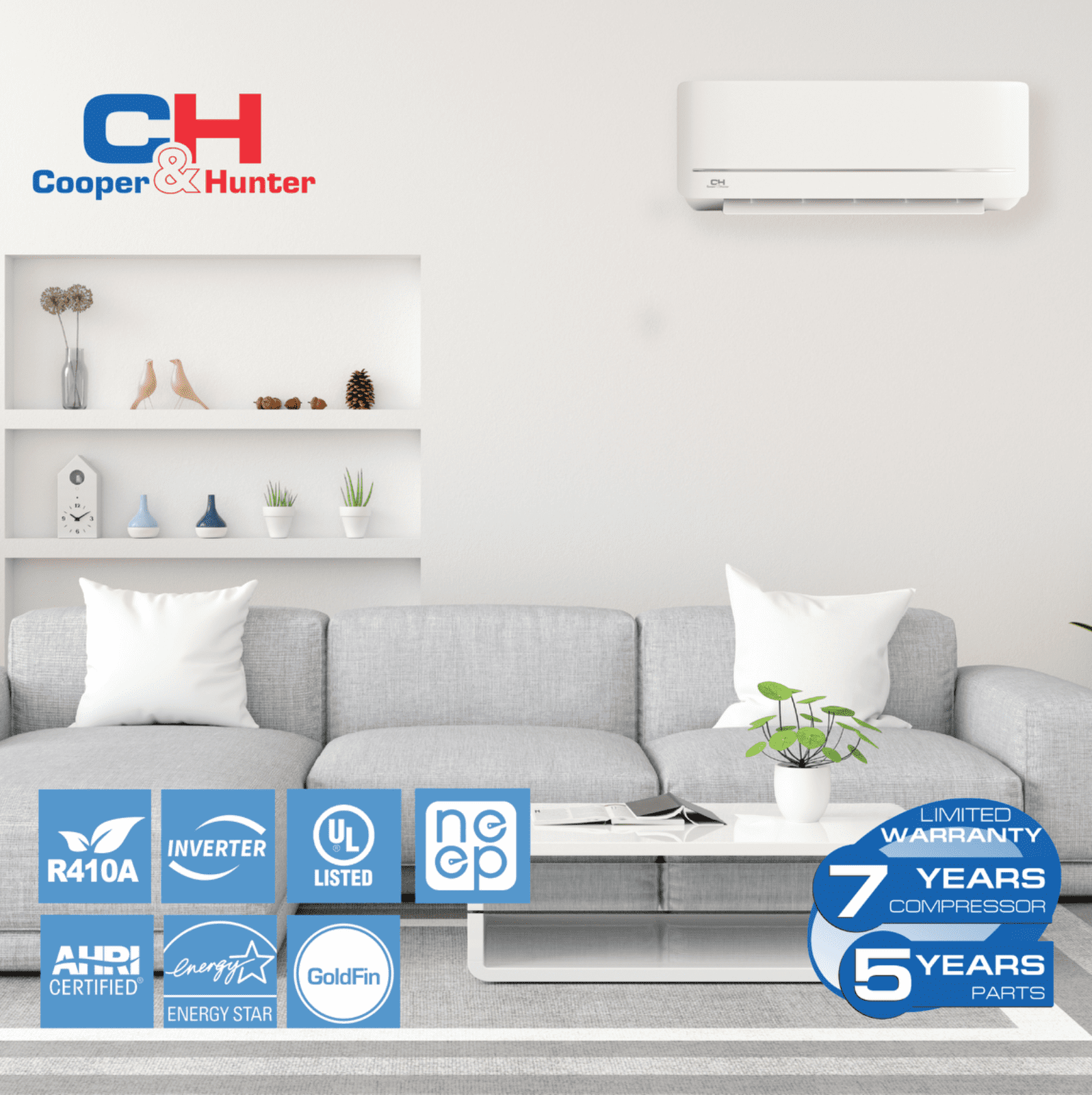Cooper & Hunter 12000 BTU 115V Wall Mounted Mini Split Heat Pump Air Conditioner With 16ft Kit Cover 550 Sq Ft WiFi
