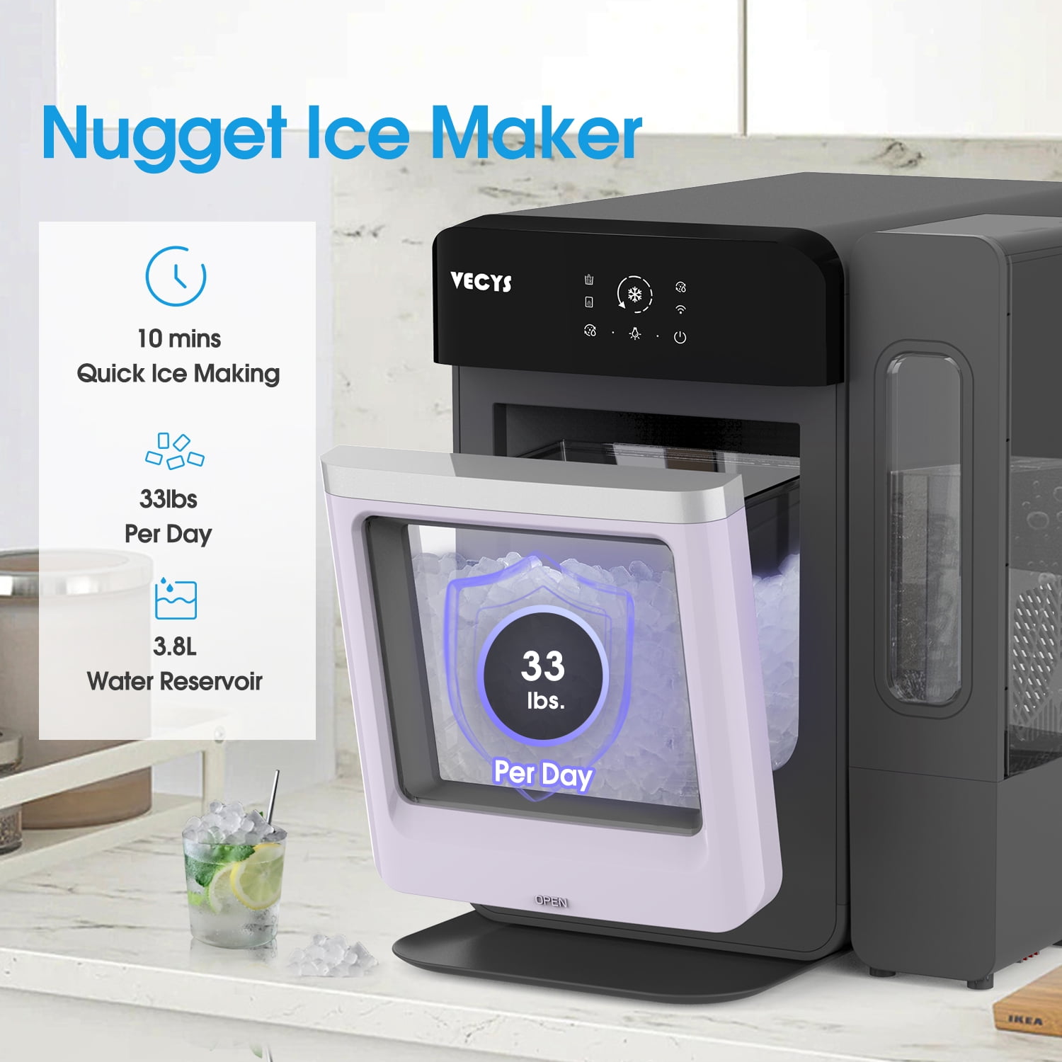 VECYS Nugget Ice Maker with Steel Trim, 33LBS/Day Self-Cleaning