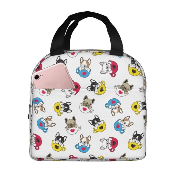 Fotbe French Bulldog With Coffee Cup Bolsa Térmica con Estampado y Forro de Aluminio Grueso Bolsa de Almuerzo con Bolsillo Frontal para Hombres y Mujeres, Ideal para Trabajo, Escuela