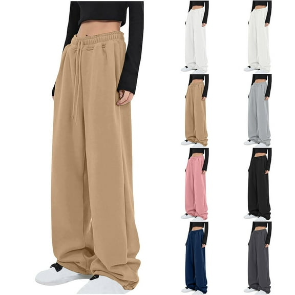 Wide Leg Sweatpants Womens High Waisted Lounge Drawstring Solid Sweat Pants with Pockets