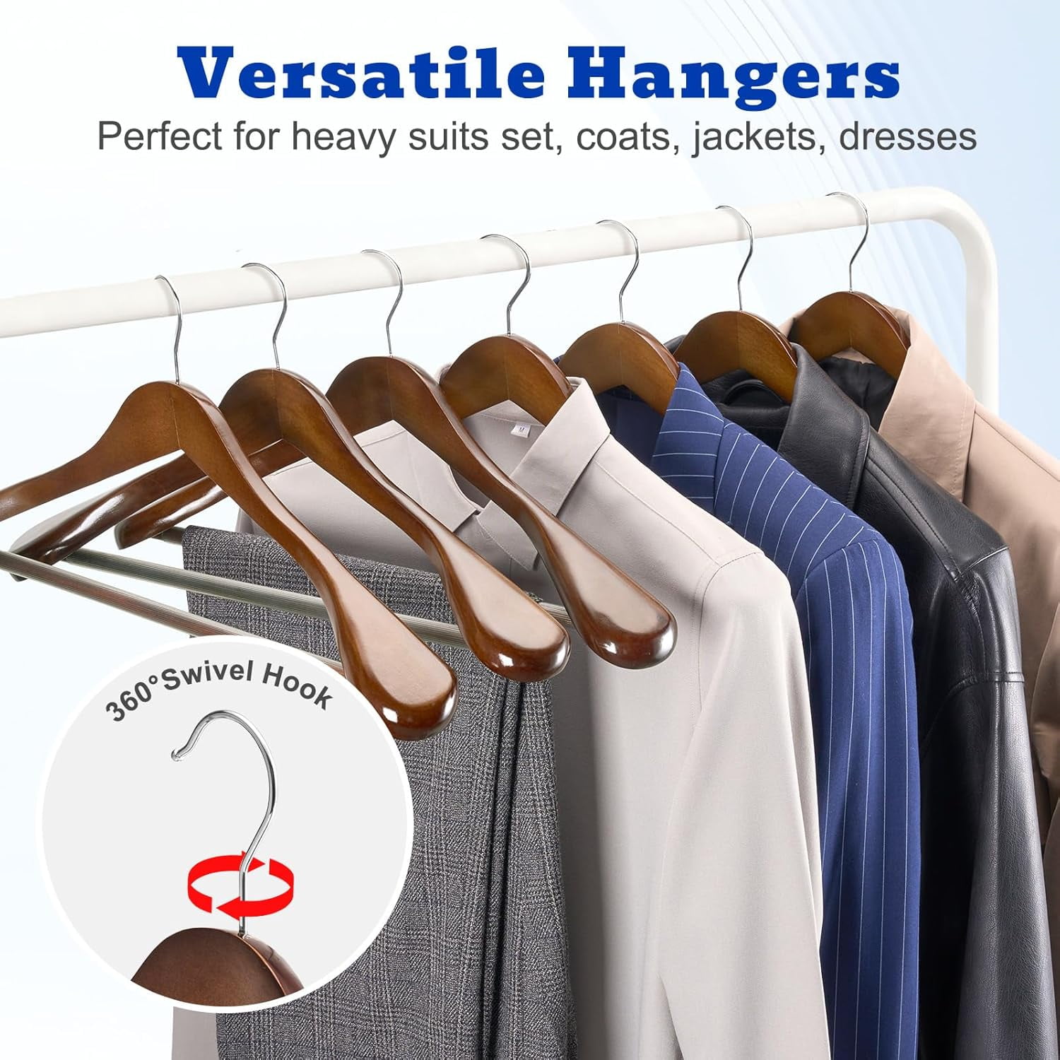 Solid Wood Wide Shoulder Hangers with Non-Slip Pants Bar, 360 °   Swivel Hook for Suits, Dresses, Jackets, and Heavy Clothes - 6 Pack (Walnut Finish)