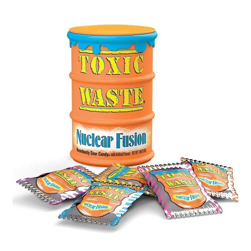 Toxic Waste - Nuclear Fusion - Dual Flavored, Hazardously Sour Candies, 5 Assorted Flavor Combinations, 1.48 oz Drums - 12 Count Display Box