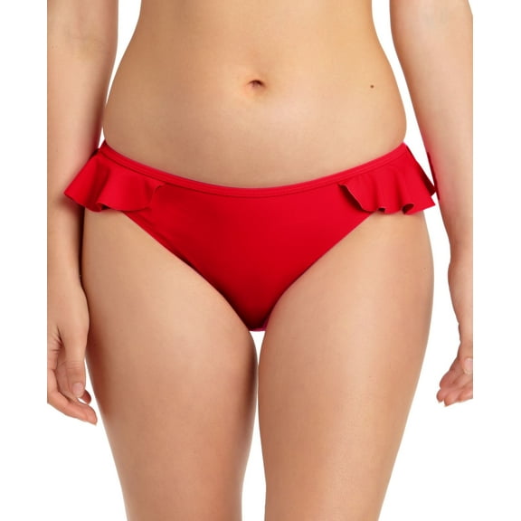 California Waves Juniors’ Solid Ruffled Hipster Bikini Bottoms, Red, L