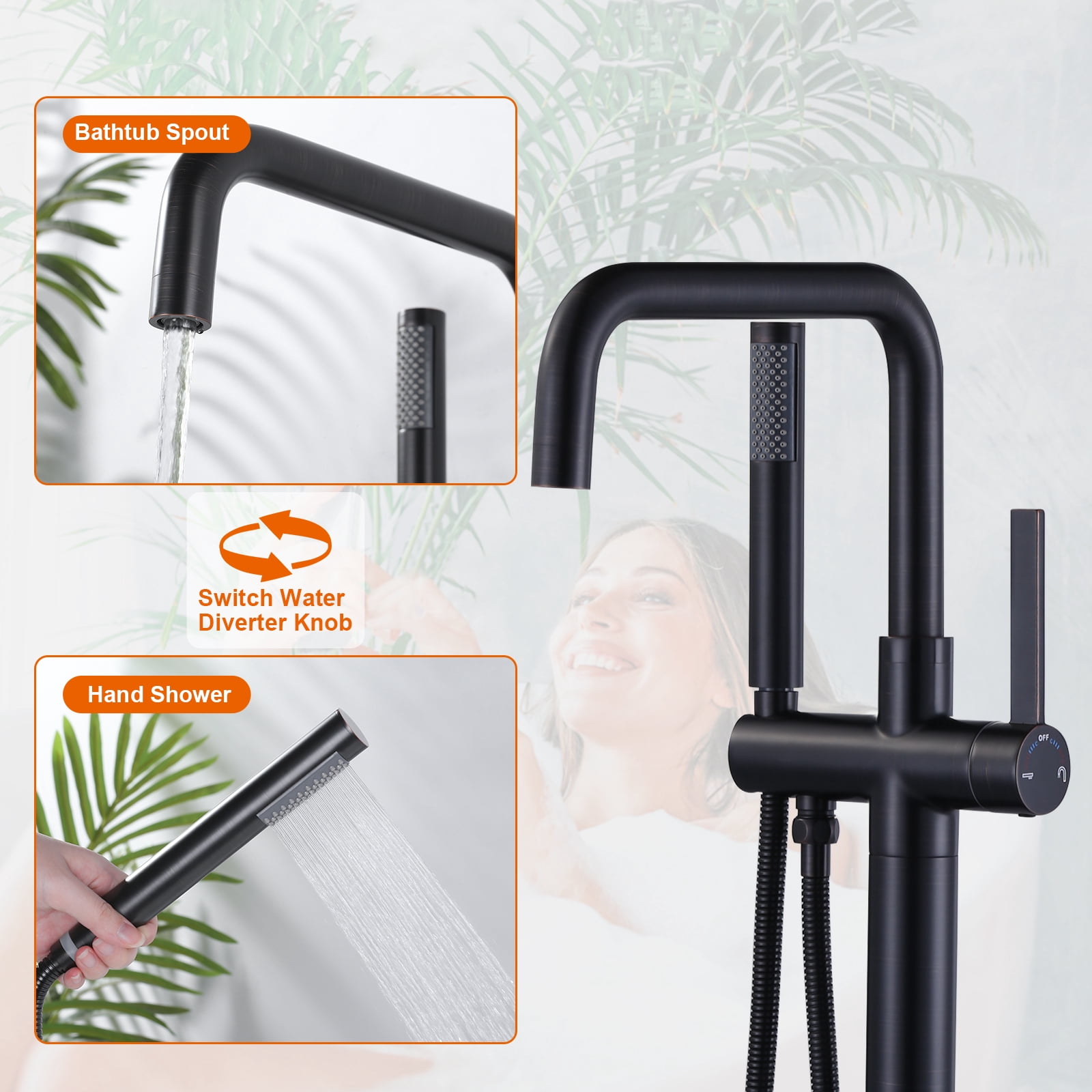 Wowow Brass Single-Handle Freestanding Tub Faucet Floor Mounted with Hand Shower in Oil Rubbed Bronze