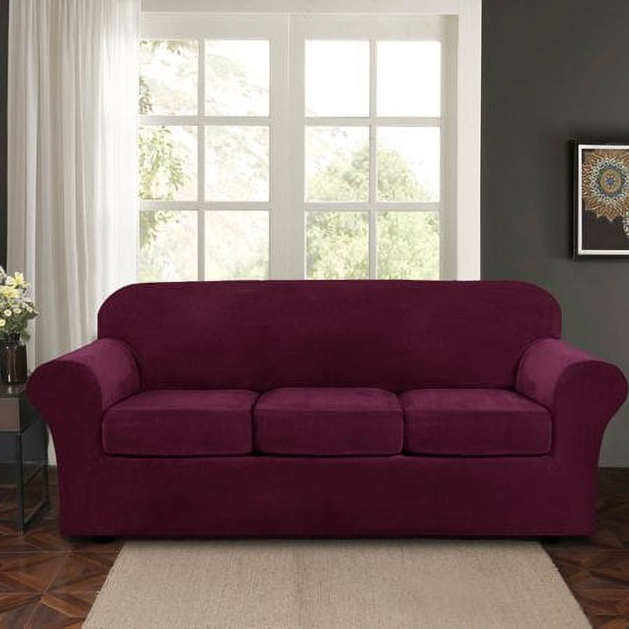 JIAN YA NA Stretch Velvet Sofa Covers Large Couch Covers Sofa Slipcovers with Seperate Seat Cushion Covers(Burgundy, Sofa Cover)