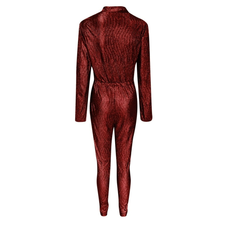 haxmnou women fashion solid siamese pant zipper long sleeved turtleneck jumpsuit red xxl