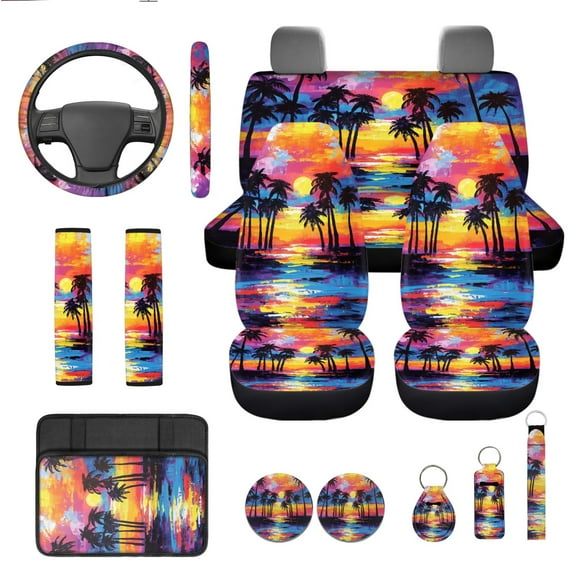 Yuyamidu Colorful Sunset Car Seat Covers and Steering Wheel Cover Seaside Seat Belt Strap Pad Coconut Tree Armrest Pad Keychain Lip Gloss Bag Coasters, Set of 13