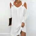thumbnail image 2 of IROINNID Long Sleeve Dress for Women Mid-Length Fit&Flare Dress V-Neck Cold Shoulder Long Sleeve Button Metal Buckle Solid Dresses,White, 2 of 6