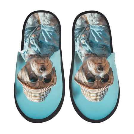 Balery Stylish Dog in Denim Outfit Slient Indoor Furry Fleece Comfort House Shoes Soft Non-Slip Home Shoes Cotton slippers House Slippers-- Medium