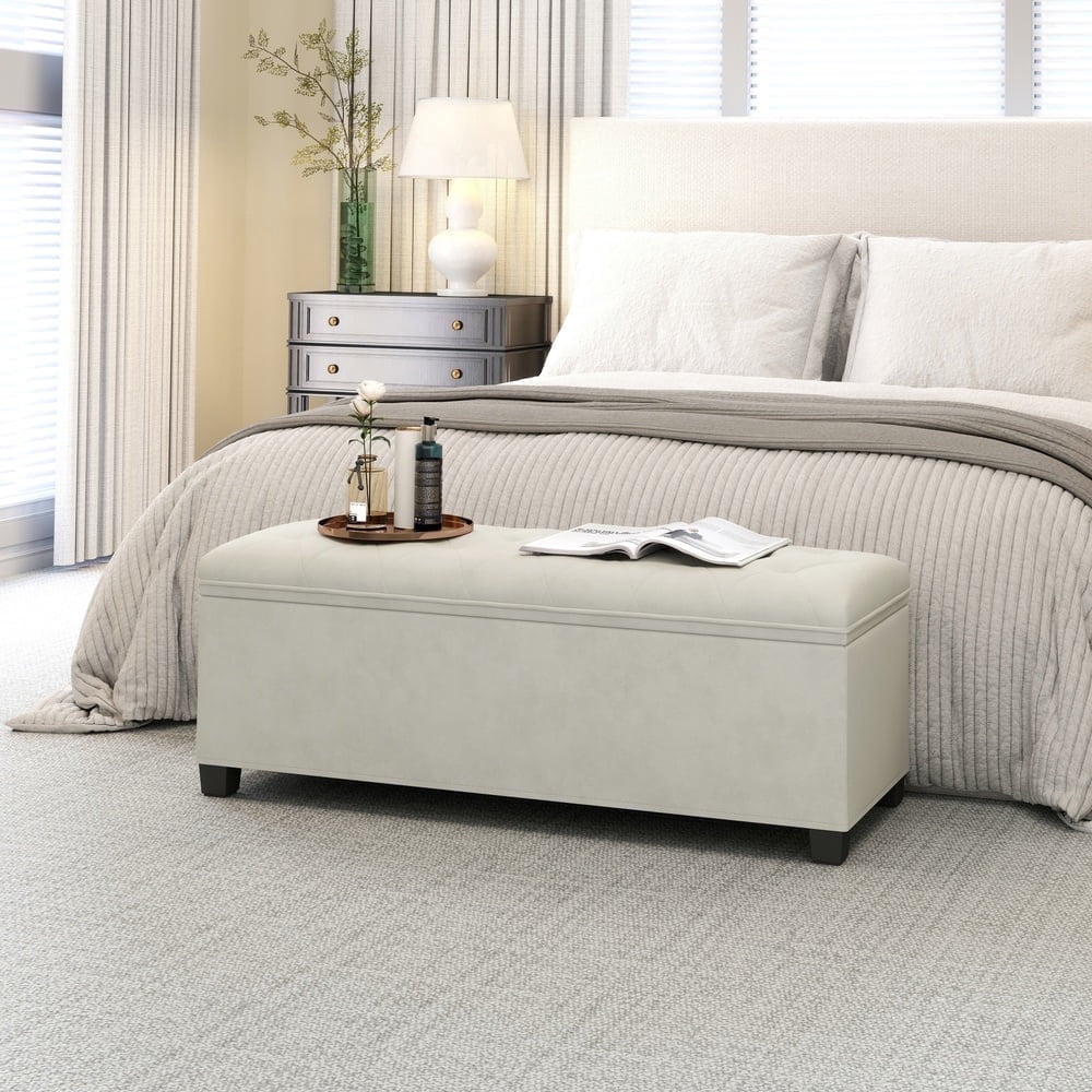 LEDREM 43-Inch Velvet Storage Ottoman Bench with Removable Cover, 660LB Capacity Multi-Functional Footrest for Living Room & Bedroom, Cream White
