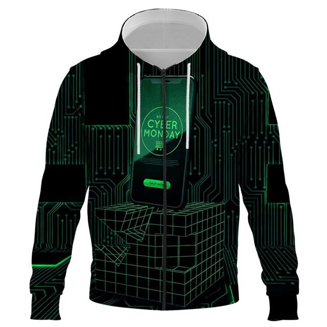 Sudadera con capucha y cremallera para hombre, suéter holgado de gran tamaño con impresión 3D y nueva tecnología digital, estilo urbano, primavera y otoño