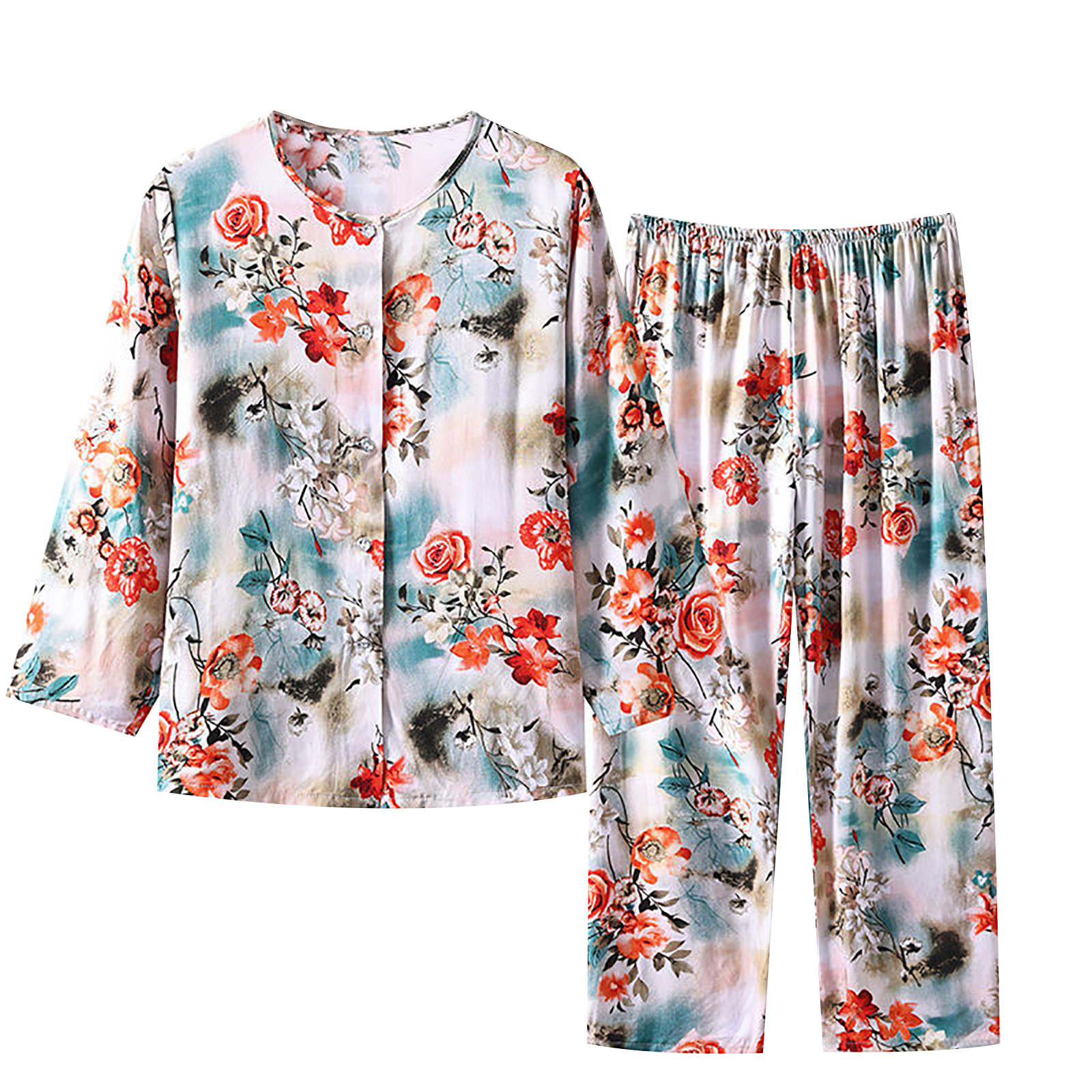 Pyjama Deux Pièces Femme Manches Longues - Imprimé Pêche, Confortable Et Doux Pour La Nuit