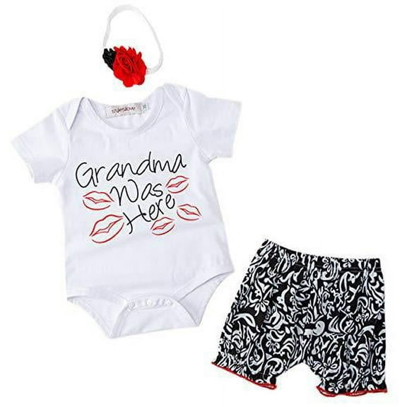 StylesILove Baby Girls Grandma was Here Short Sleeves Cotton Romper with Shorts and Headband 3pcs Summer Outfit