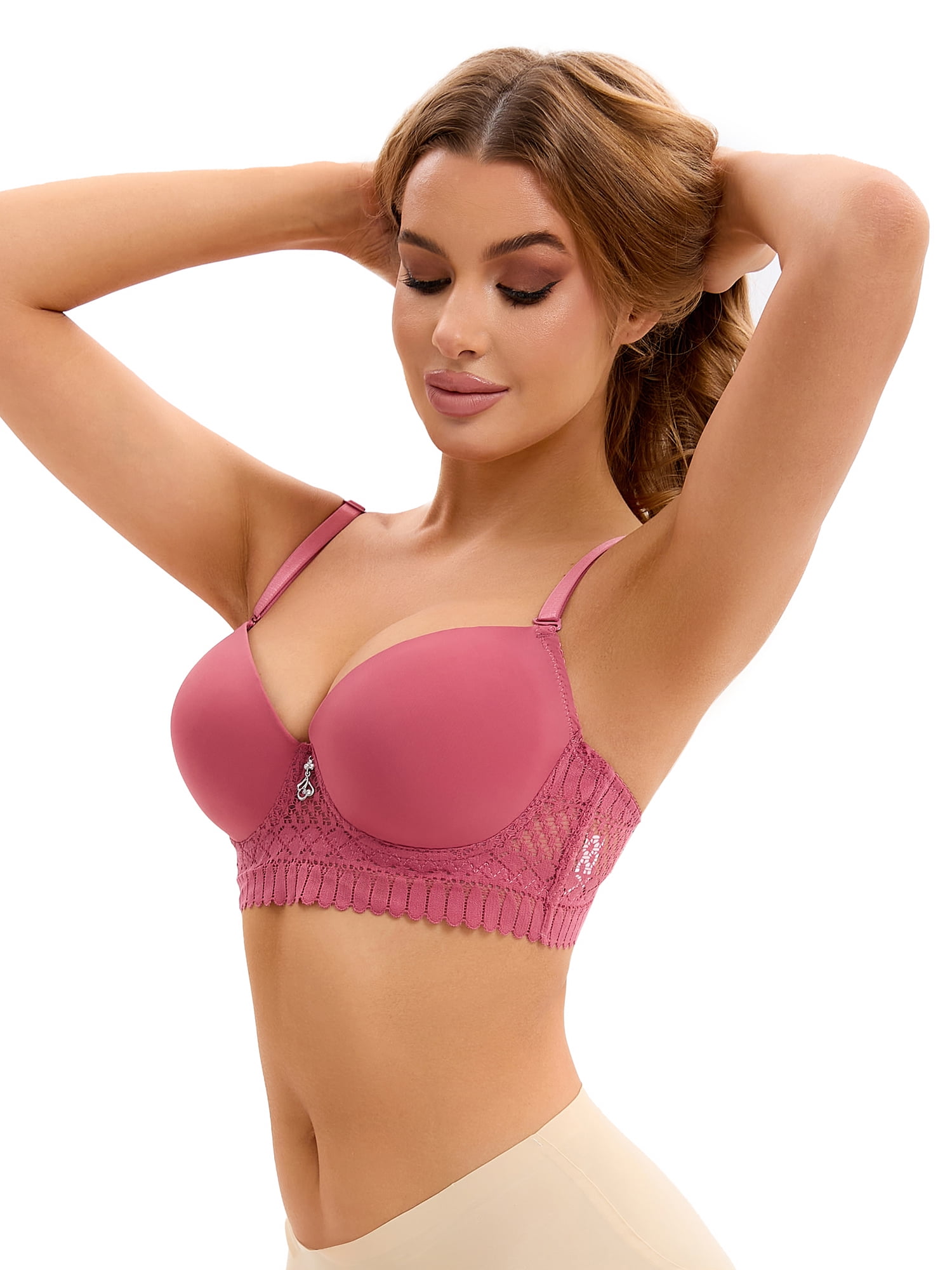 Unique Bargains Women's Adjustable Straps Lightweight Lace Trim Push Up Bras D 34 Red