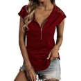 thumbnail image 2 of VISgogo, camiseta informal de manga corta para mujer, camisetas ajustadas de cuello redondo con cremallera y costuras de encaje de Color sólido a la moda VISgogo  moda, 2 of 5