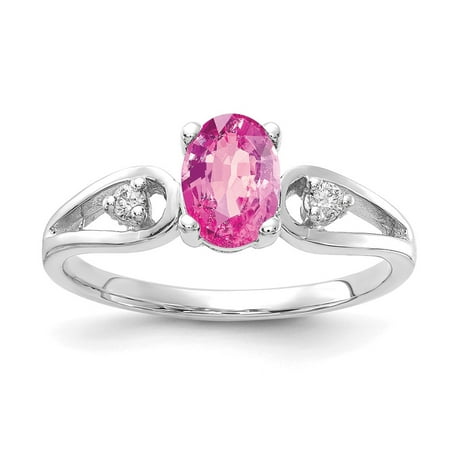 14k White Gold Ring Gemstone Womens Diamond 0.05 ct 1.11 7x5mm Oval Pink Sapphire AA