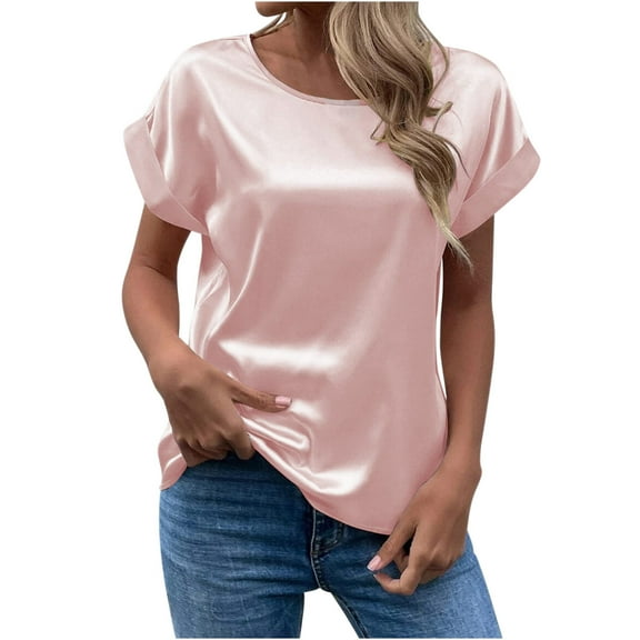 AherBiu Satin Tops for Women Short Sleeve Crew Neck Comfy Shirts Summer Dressy Casual Blouse