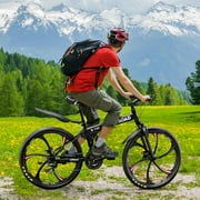 Marknig 26 Inch Folding Mountain Bike, 21 Speed Full Suspension High-Carbon Steel MTB Foldable Bicycle, Dual Disc Brake Non-Slip Folding Bikes for Adults, Black