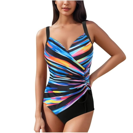 Ayolanni V-Neck Swimsuits for Women Modest Striped Bodysuit One-Piece Swimsuit Tops for Juniors M