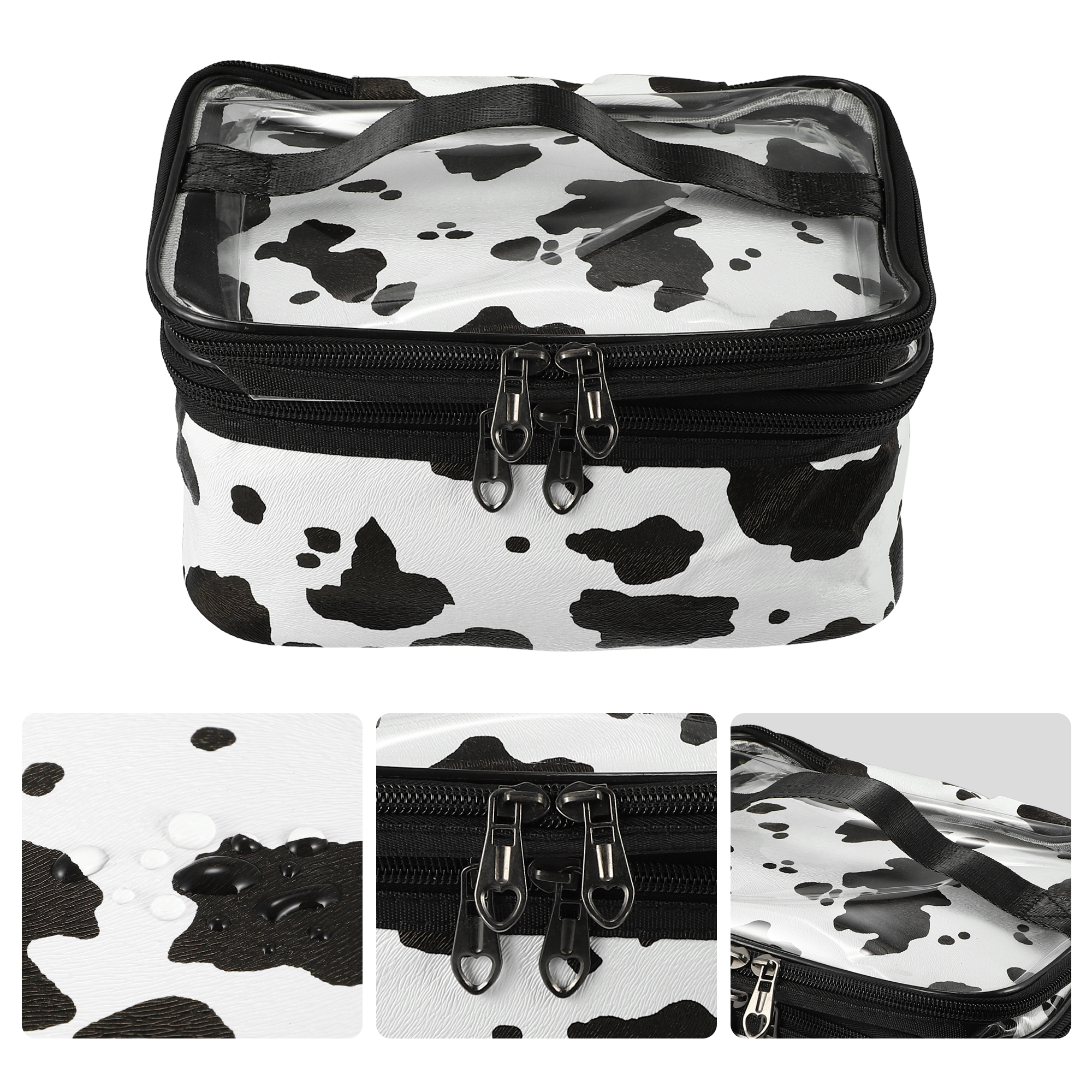 Unique Bargains Double Layer Makeup Bag Cosmetic Bags Organizer Bag Cows Texture White