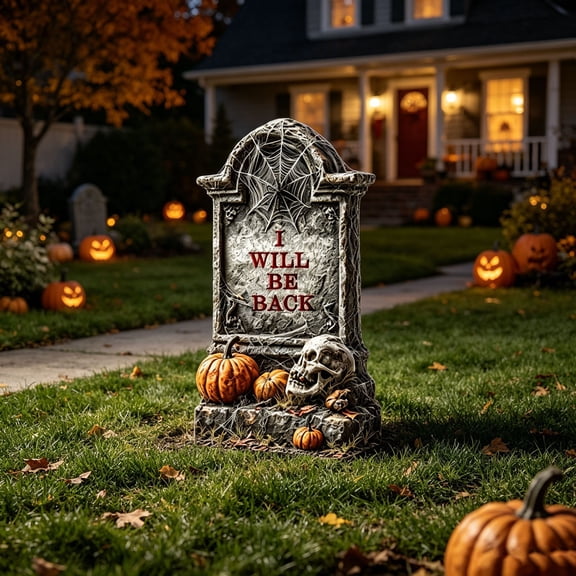 QIUXUJ - 42cm Tall Plastic Tombstone Halloween Decor with Pumpkin Skull Spiderweb Print, Haunted House Yard Outdoor Prop, Spooky Gravestone Lawn Party Ornament (A)