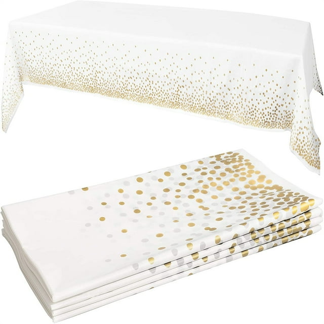 LINMOUA White Plastic Tablecloths 54 x 108 Inch, Disposable Table Cloths Rectangle Party Table Covers, Gold Trim