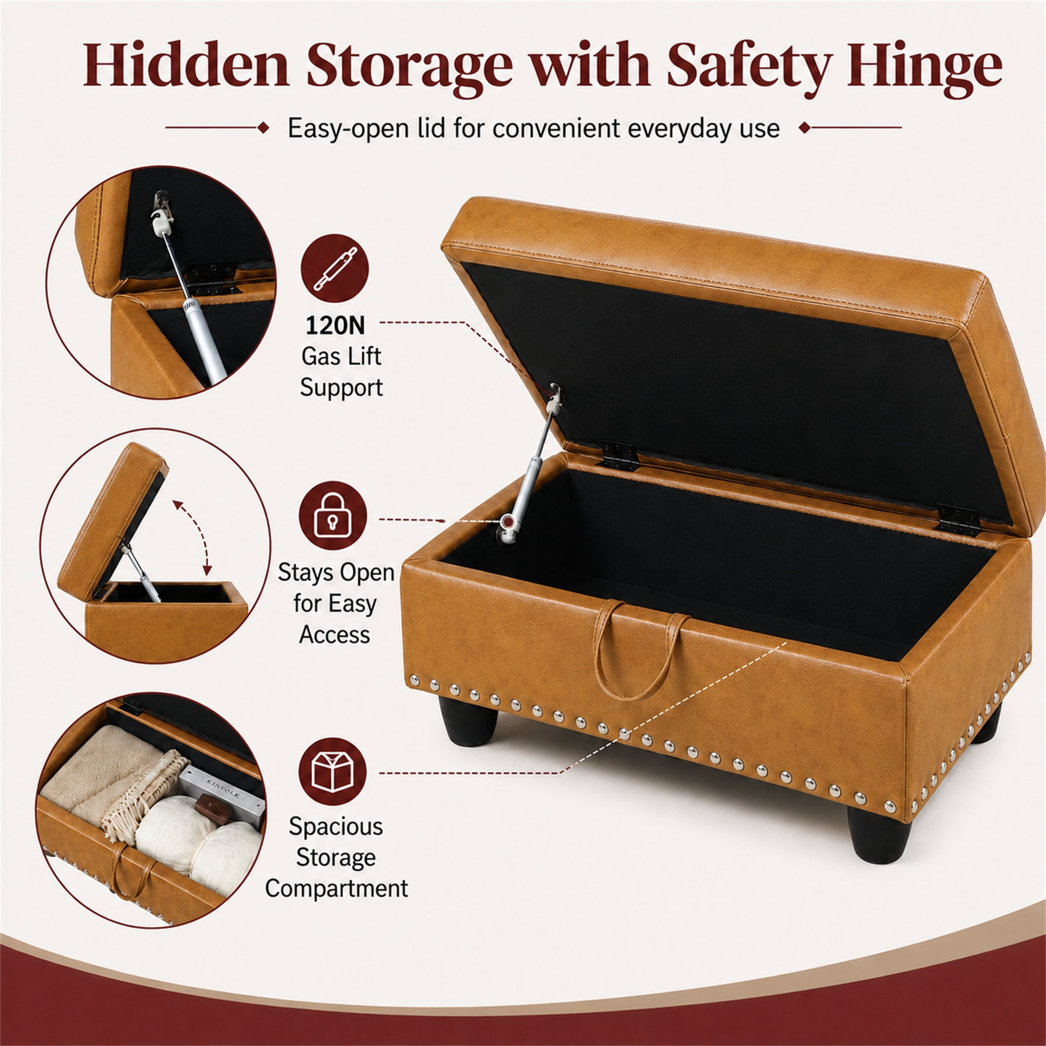 Aukfa 29" Storage Ottoman Bench for Sectional Sofa for Home Office, Nailhead Trim&Lift Top, Leather, Ginger