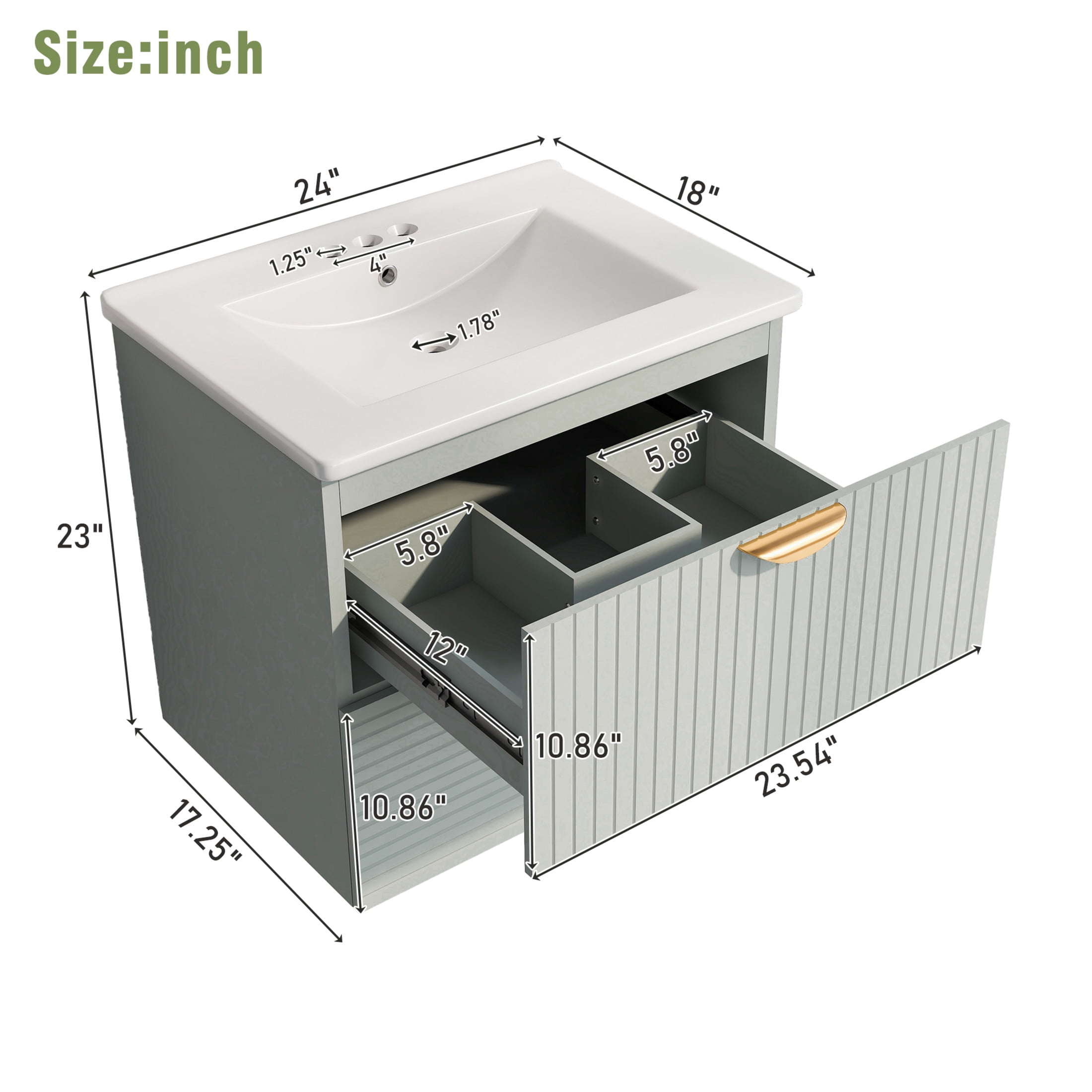Noble House 48" Wall-Mounted Bathroom Vanity Set of 2, Double Ceramic Sinks, 4 Drawers & Gold Handles, Green