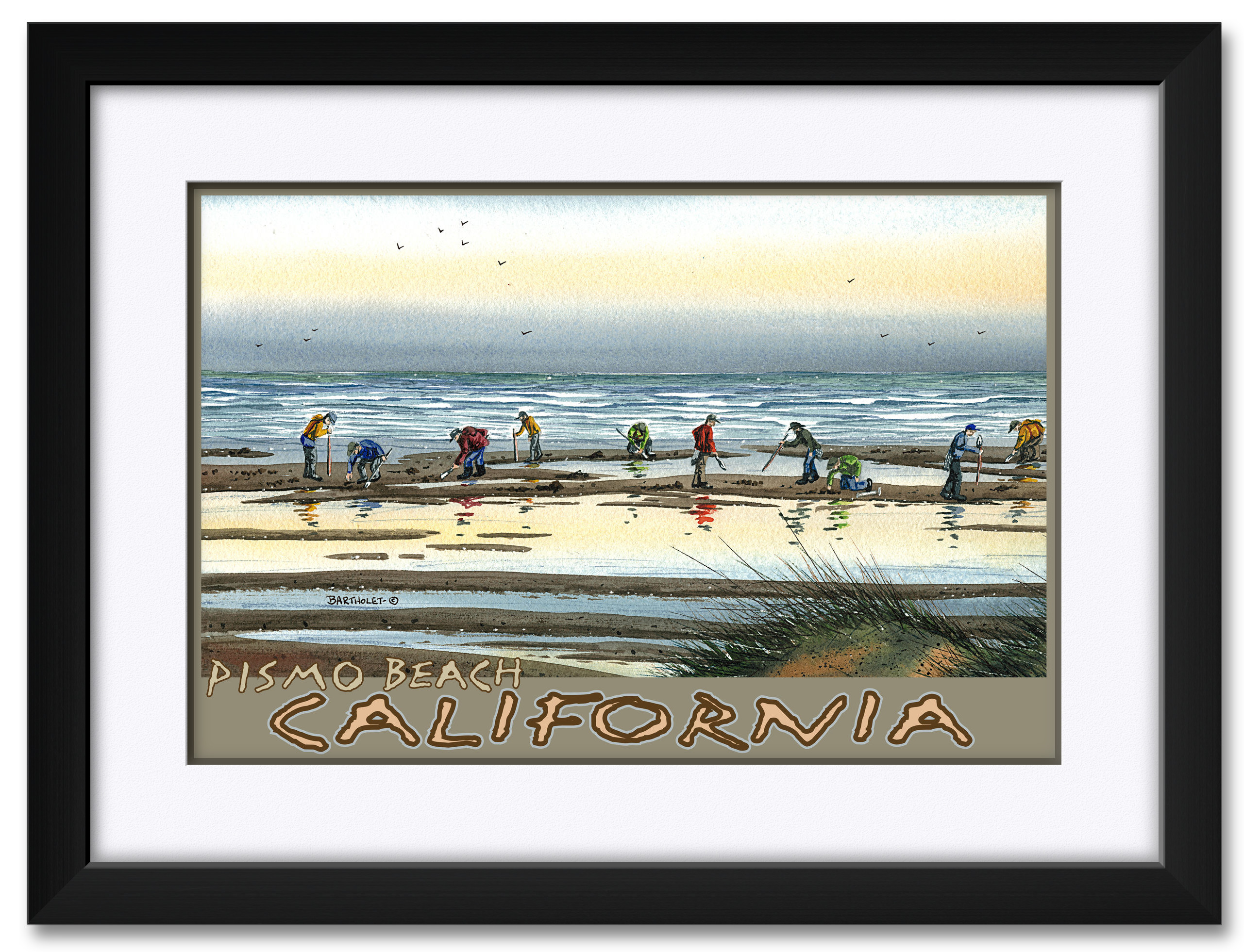 Pismo Beach California Clam Digging Framed & Matted Art Print by Dave