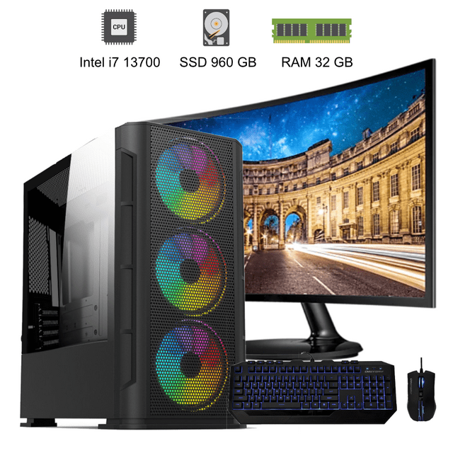 PC Gamer CPU i7 13700 Intel RAM 32GB SSD 960GB 500W80+ Monitor curvo 24" Kit de teclado y mouse.