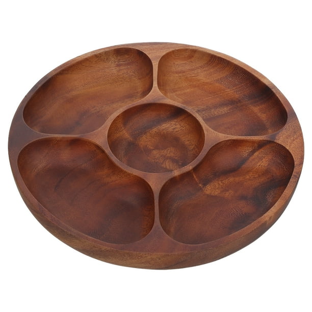 Bandeja de madera de acacia para aperitivos, redonda, dividida, con 5 compartimentos, ideal para quesos, postres, frutas y verduras.