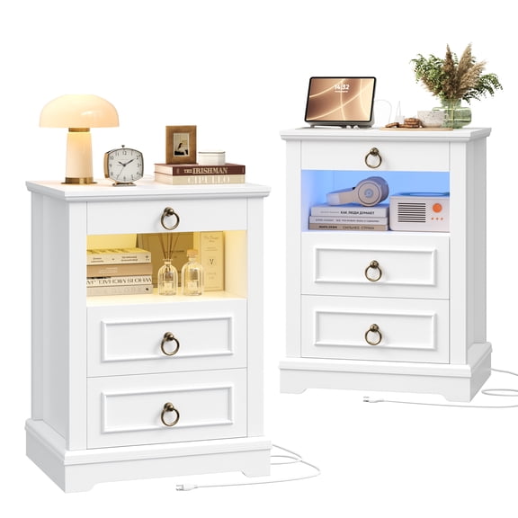 Hiphuta RGB LED Nightstands Set of 2, 3-Drawer End Tables with Charging Station, Sofa Tables Beside Tables for Bedroom Living Room, White